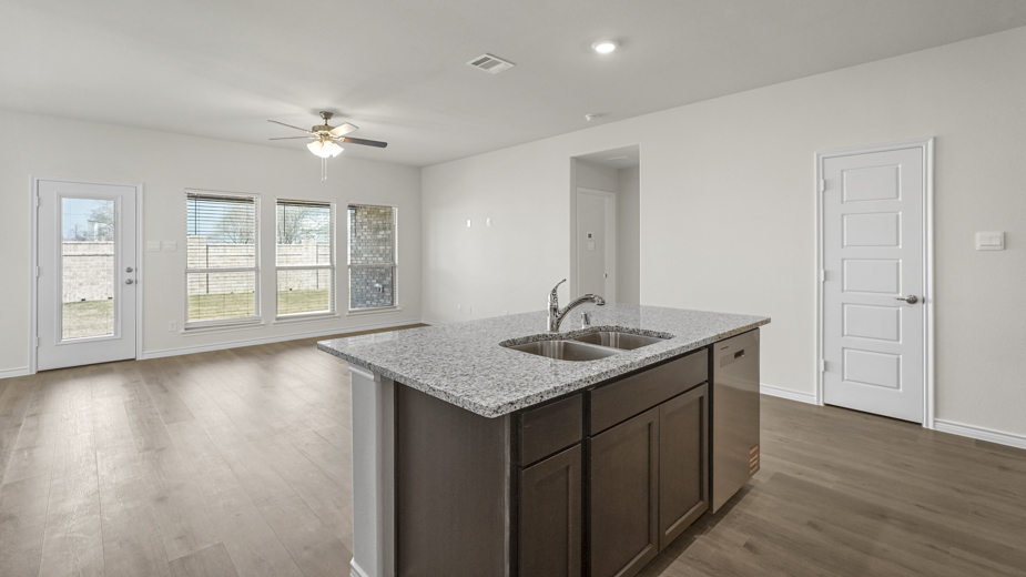 kitchen island and open concept living area