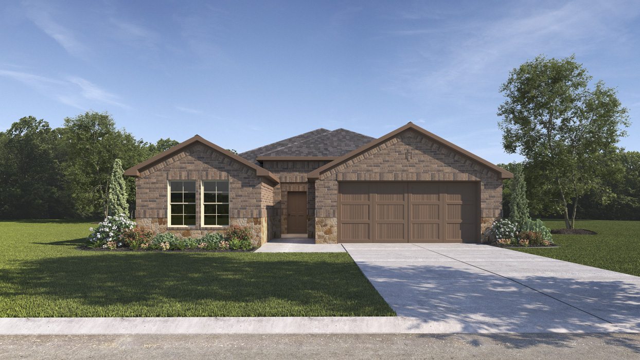 single story house rendering with 2 car garage