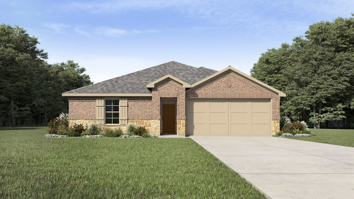 single story house rendering with 2 car garage