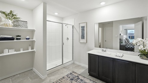 Bathroom with dual sinks and a walk in shower.