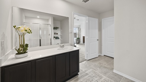 large primary bathroom with vanity and mirror
