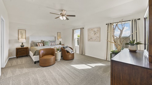 large primary bedroom with windows and furniture