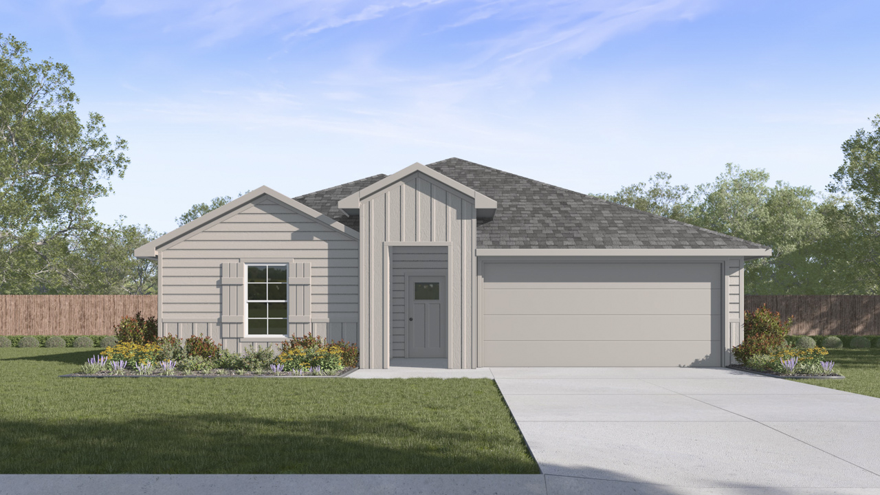 Rendering of one story home with middle entrance two car garage and driveway with windows facing the large front yard