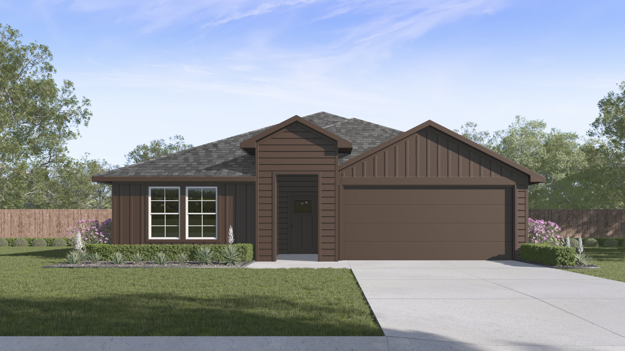 Rendering of one story home with middle entrance two car garage and driveway with windows facing the large front yard