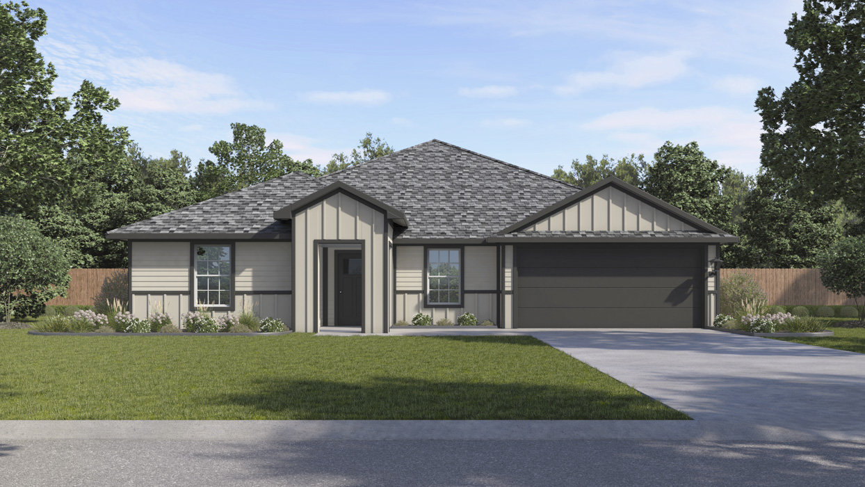 render of single story home with 2 car garage