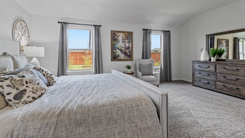 454 Lucky Lane at Bluff Springs in Ferris, TX primary bedroom with large windows and carpet