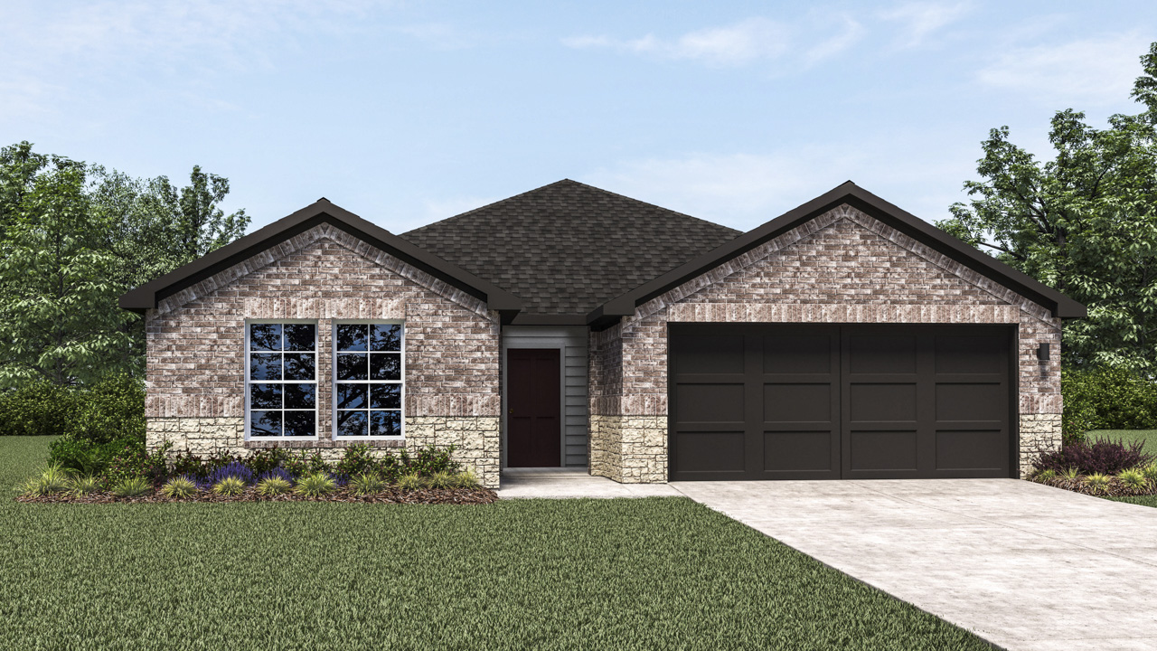 rendering of one story home with brick and stone exterior