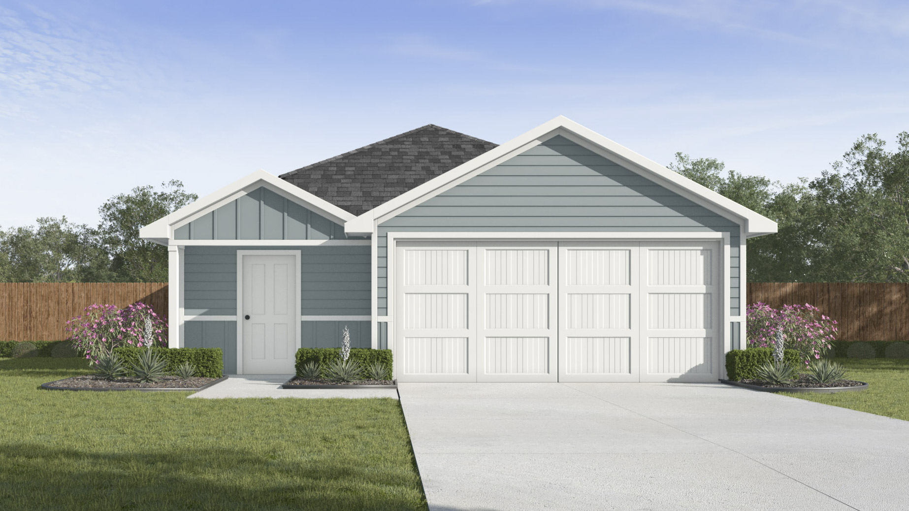 rendering of one story home with side front entrance