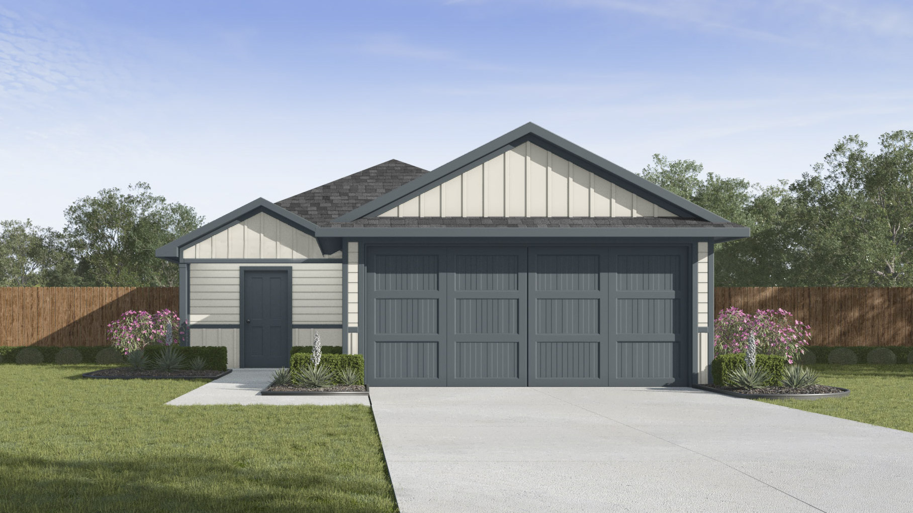 rendering of one story home with side front entry to the home