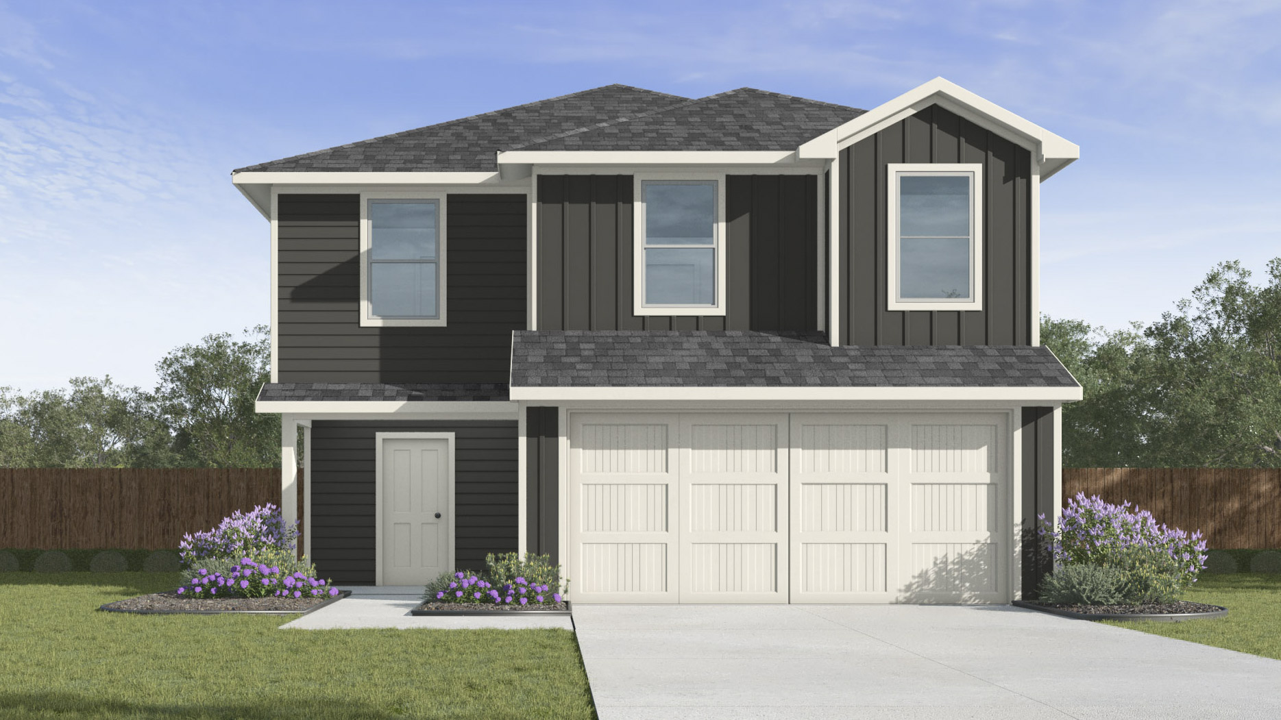 rendering of two story home with large windows facing the front of the yard