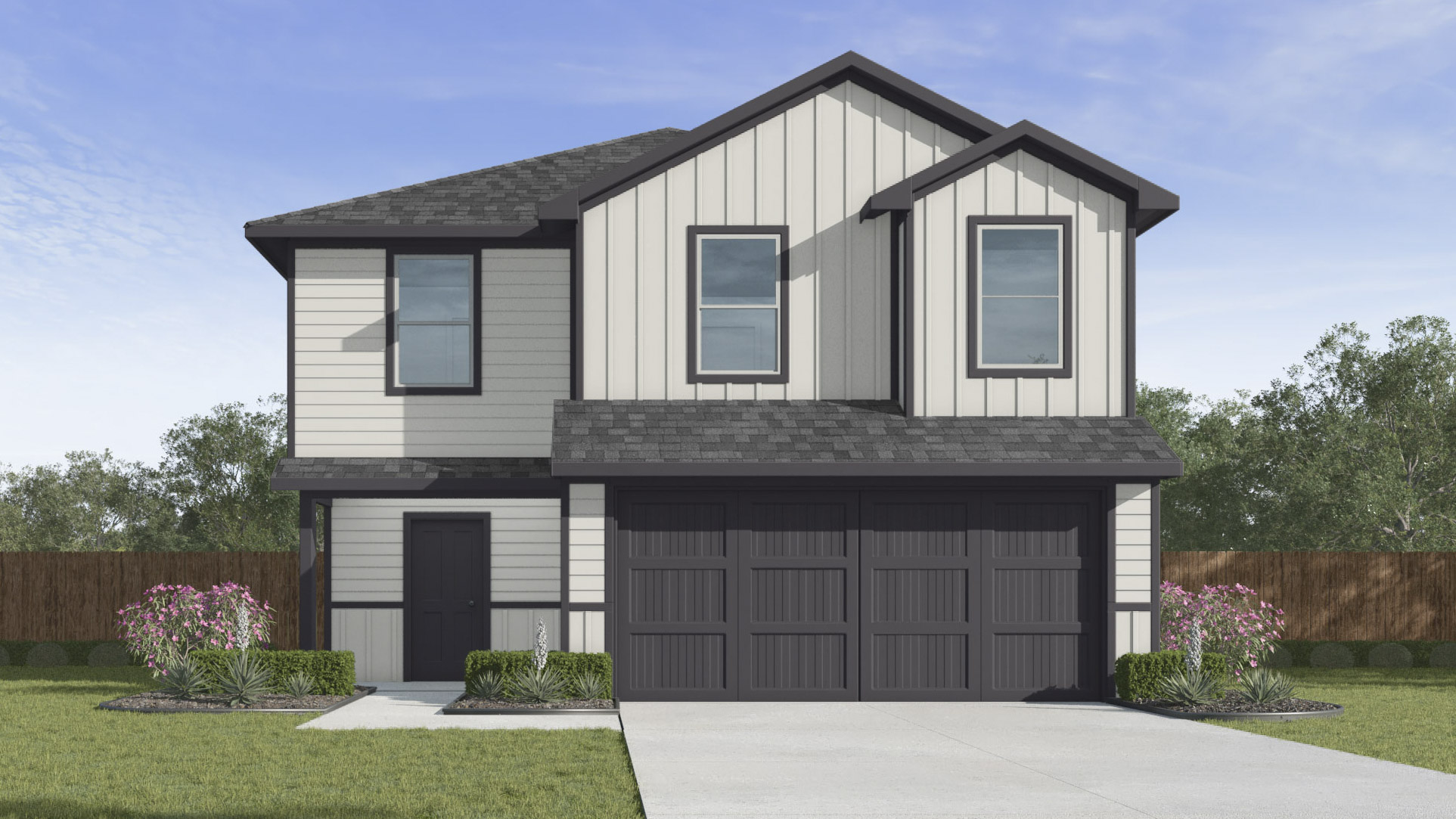 rendering of two story home with large windows facing the front of the yard