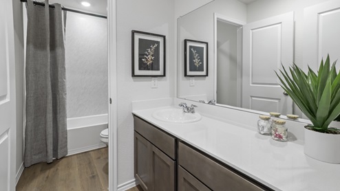 Bathroom with garden tub and white counter vanity and mirror