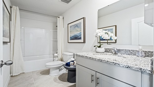 Modern bathroom with single bowl sink, granite vanity, wall mirror, cabinets and toilet.