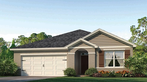 Single story new home with large windows and 2 car garage.