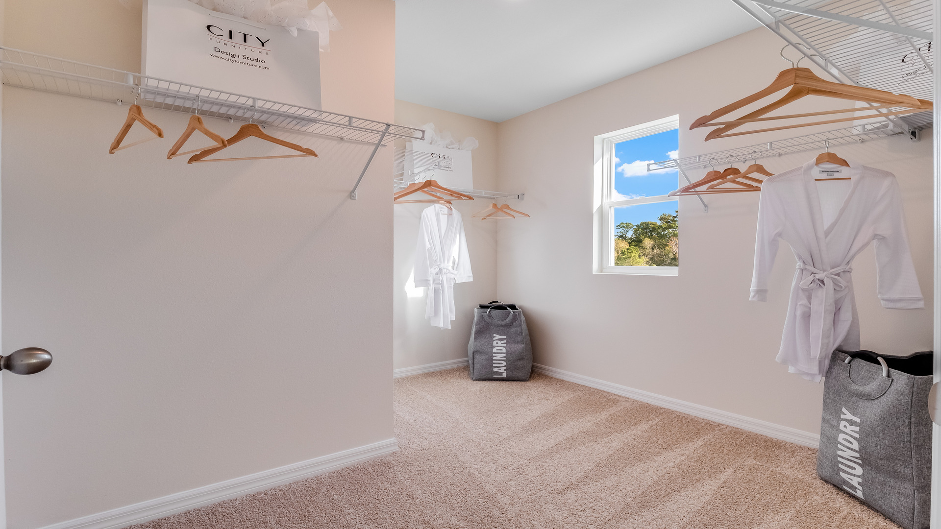 Spacious walk in closet with window, carpet flooring and shelving.