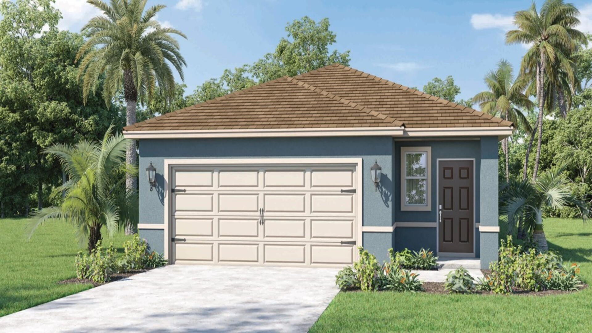 Single story new home with driveway, large windows, and grassy front yard.