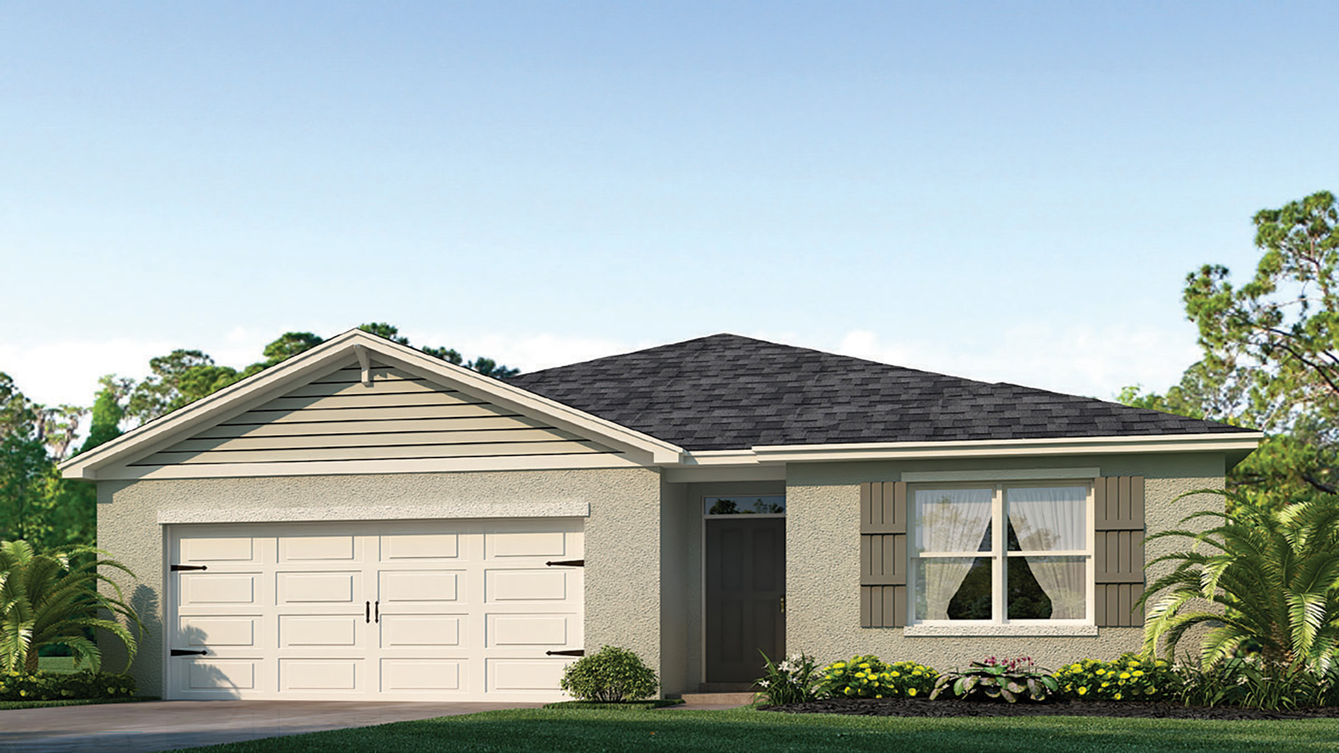 Single story new home with siding, covered porch and 2 car garage.
