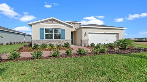 Single story new home with siding, covered porch and 2 car garage.