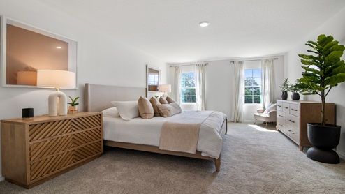 Spacious primary bedroom with king size bed, carpet flooring, natural lighting and a walk in closet.