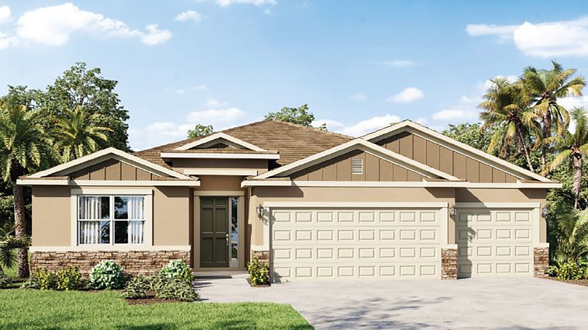 Single story new home with siding, covered porch and 2 car garage.Single story new home with siding, covered porch and 3 car garage.
