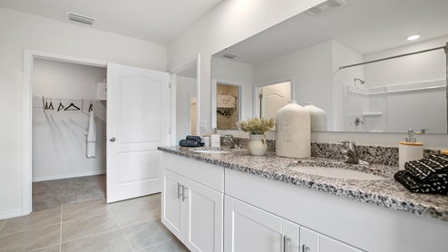 Modern bathroom with double vanity sinks, white cabinetry, and spacious walk-in closet in the background.