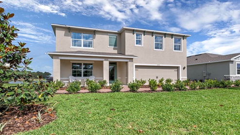 Two-story new home with siding, covered porch and 2 car garage.