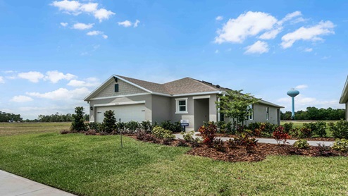 Single story new home with driveway, large windows, and grassy front yard.