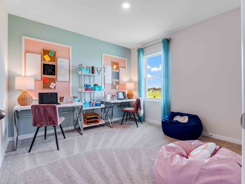 Child's room with toys, bedding, seating and storage and a spacious closet.