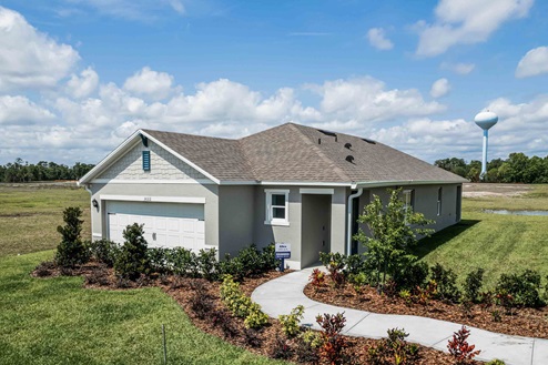 Single story new home with driveway, large windows, and grassy front yard.