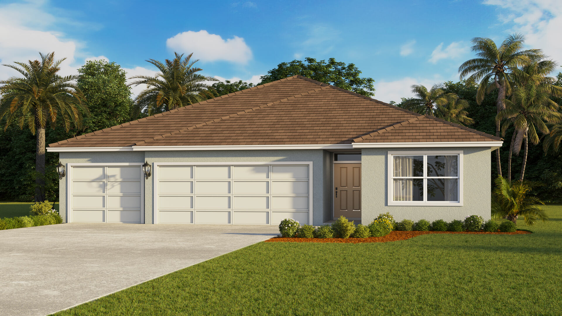 Single story new home with siding, covered porch and 3 car garage.