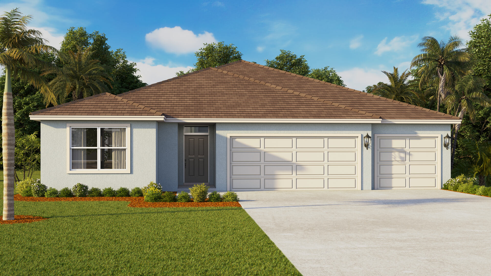 Single story new home with siding, covered porch and 3 car garage.