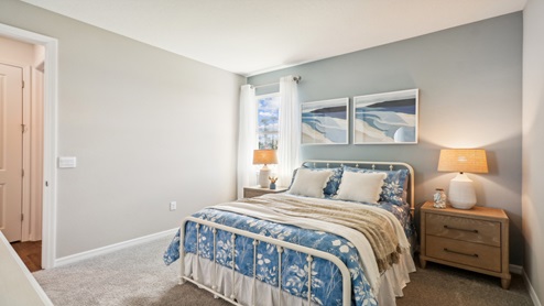 Guest bedroom with bed, nightstands and a roomy closet for storage.