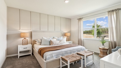 Spacious primary bedroom with king size bed, carpet flooring, natural lighting and a walk in closet.