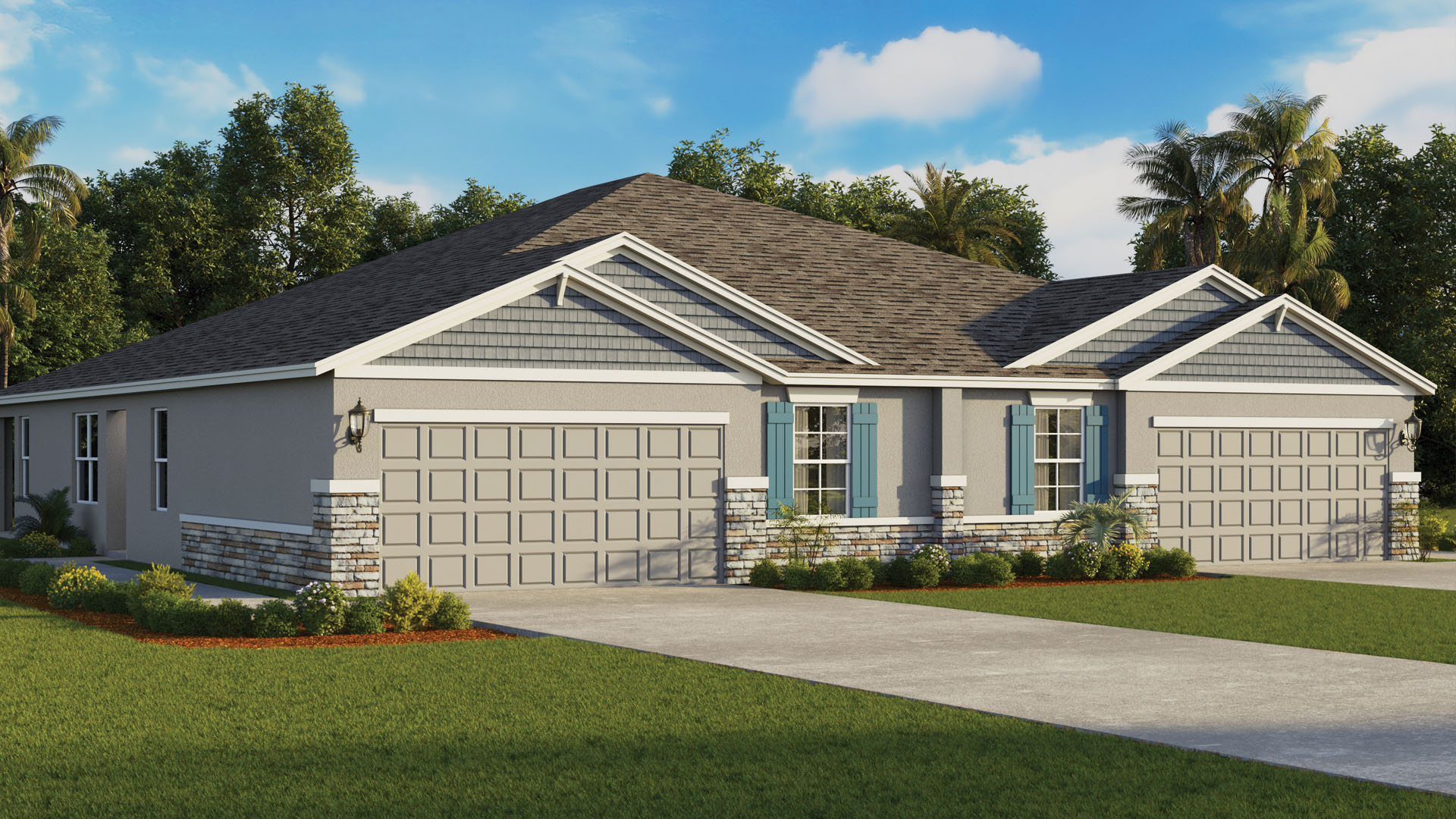Single story new home with large windows and 2 car garage.