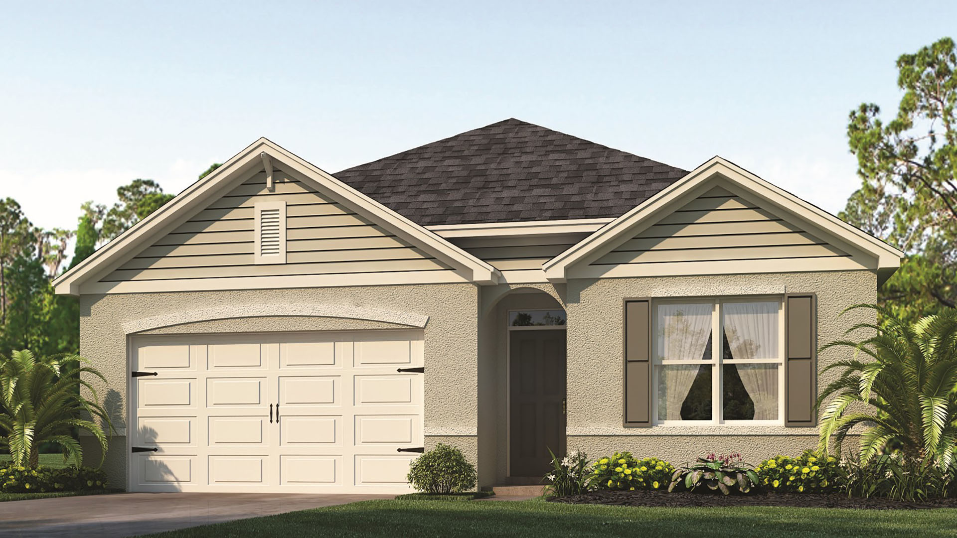 Single story new home with siding, covered porch and 2 car garage.