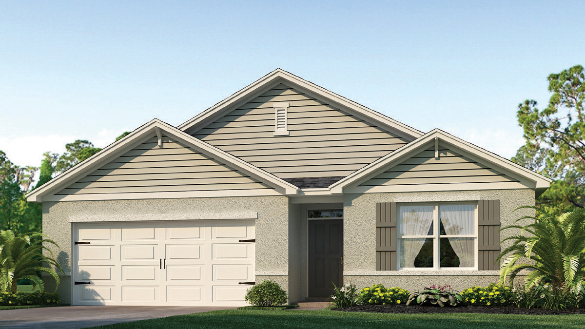 Single story new home with siding, covered porch and 2 car garage.