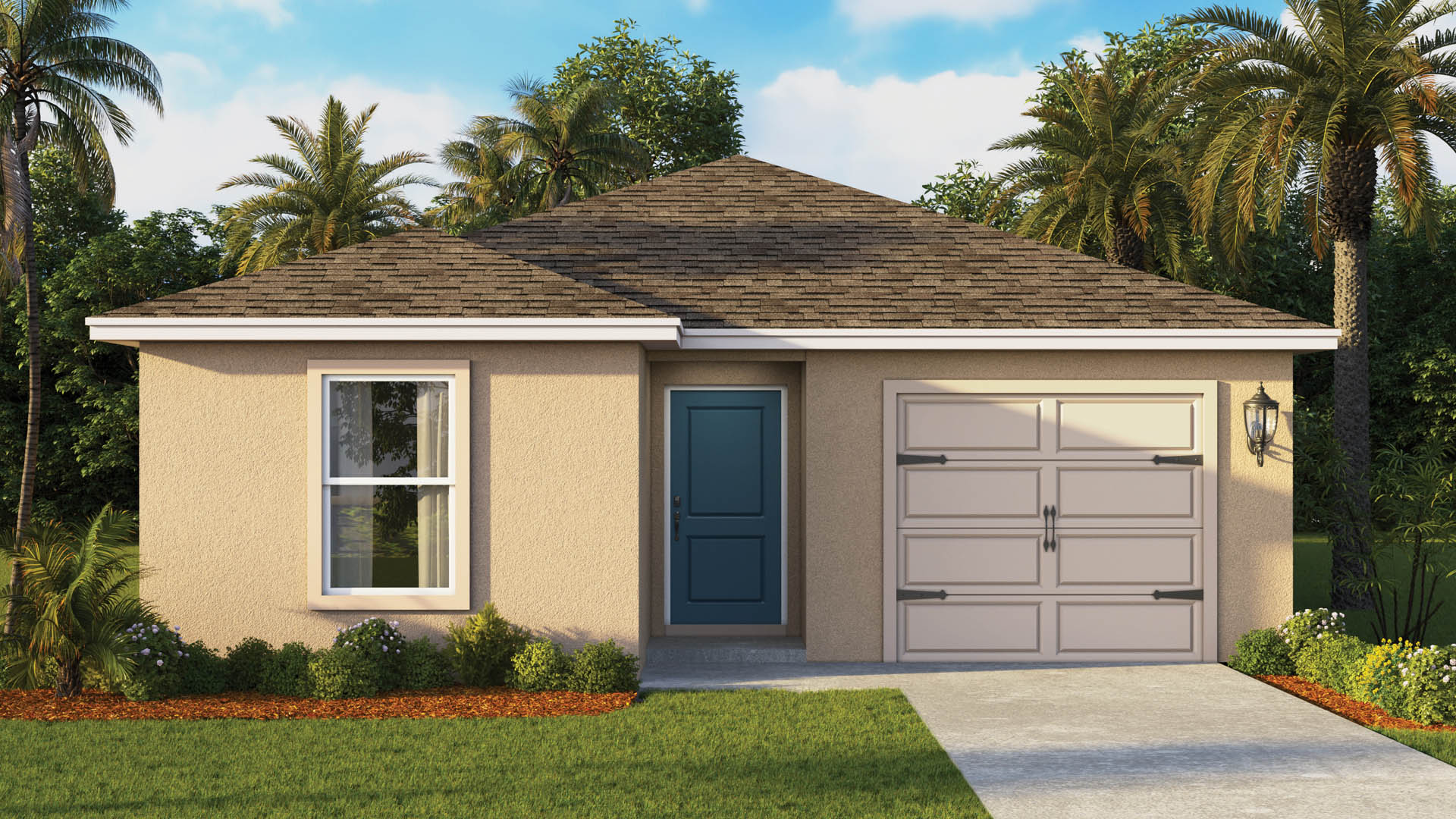 Single story new home with large windows and 2 car garage.