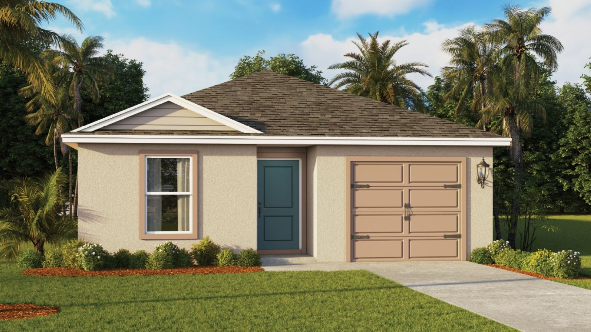 Single story new home with large windows and 2 car garage.