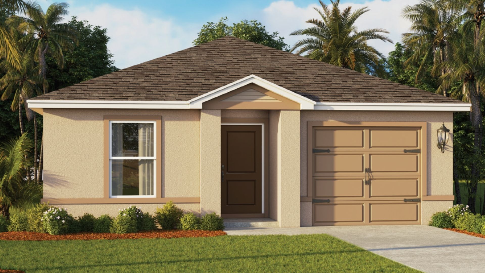 Single story new home with large windows and 2 car garage.