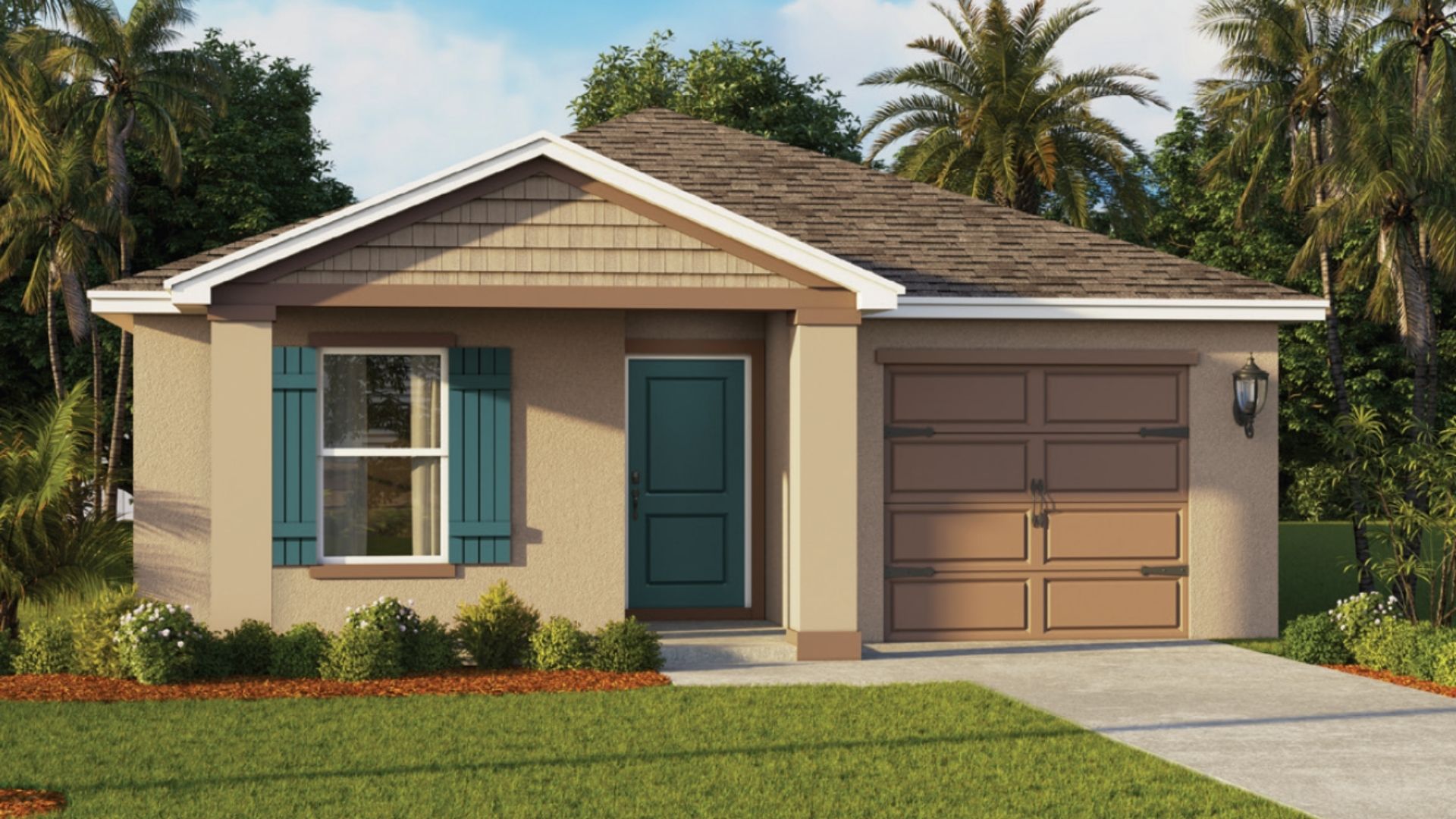 Single story new home with large windows and 2 car garage.