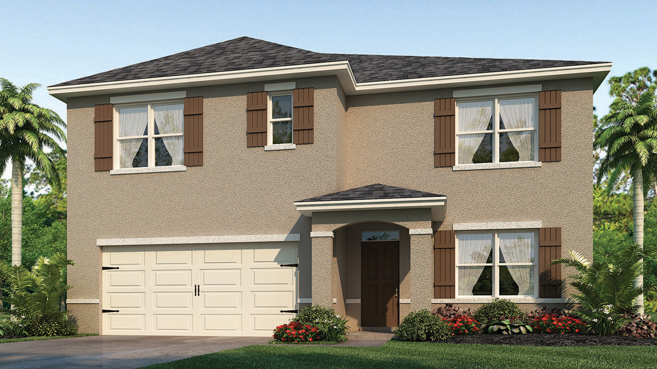 two story new home with large windows and 2 car garage.