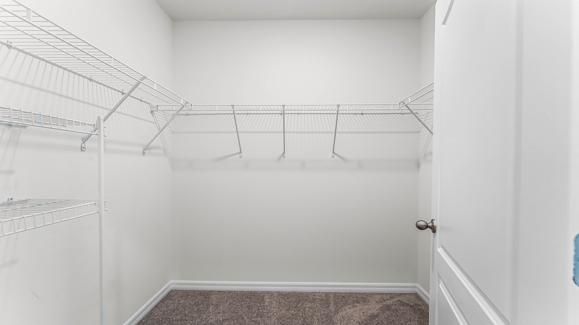 Spacious walk in closet with abundant shelving and storage.