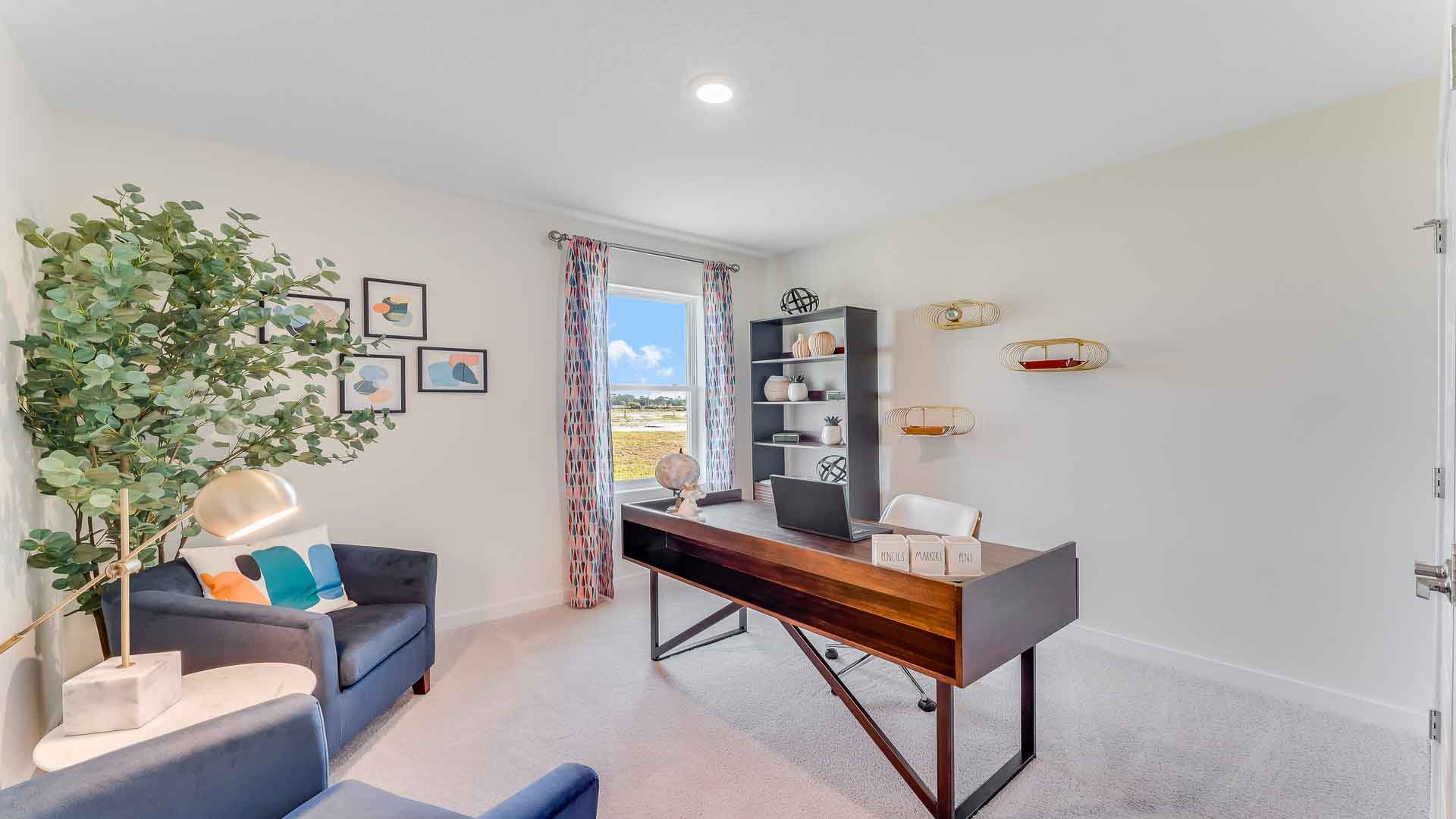 Functional home office with desk, chairs and space to work or play.