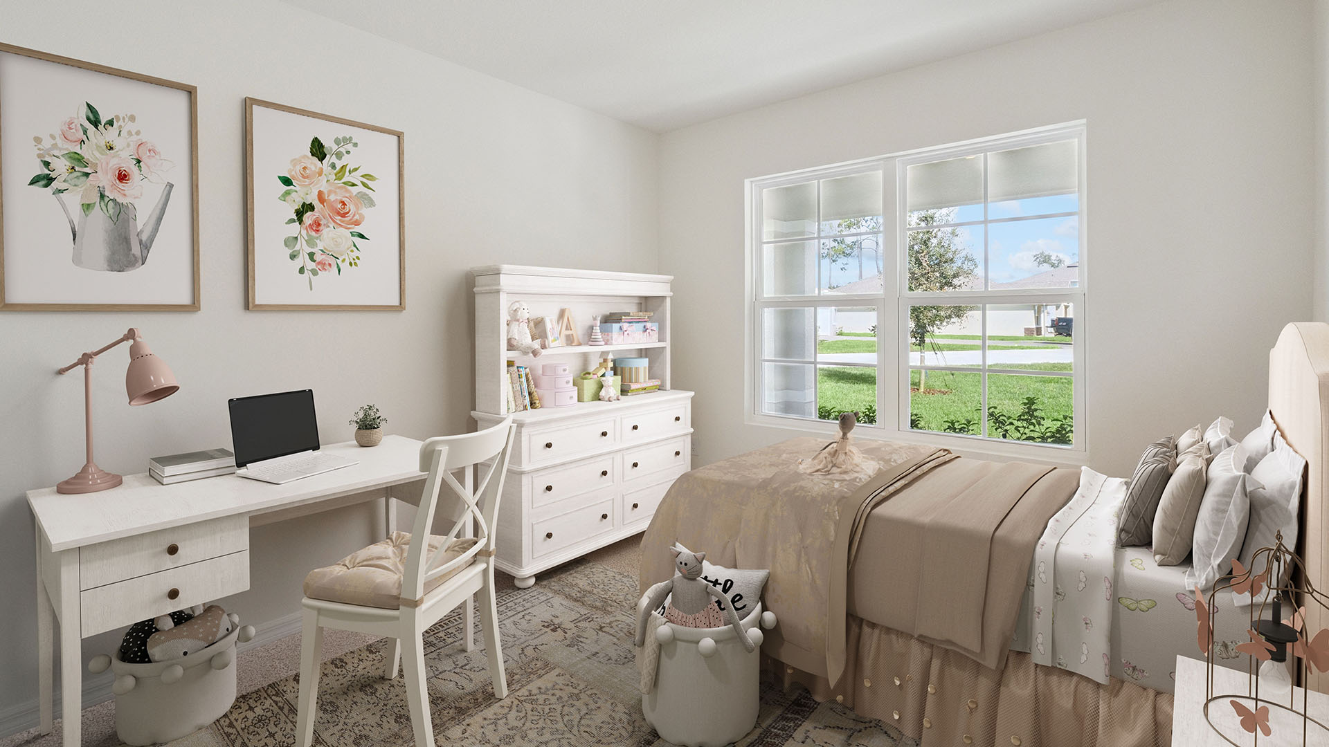 Spacious primary bedroom with king size bed, carpet flooring, natural lighting.