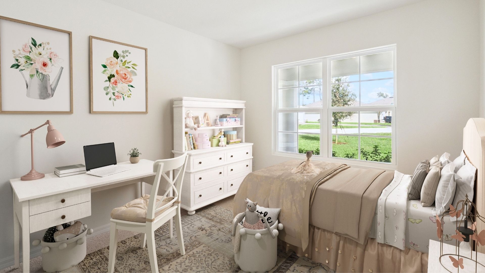Spacious primary bedroom with king size bed, carpet flooring, natural lighting.