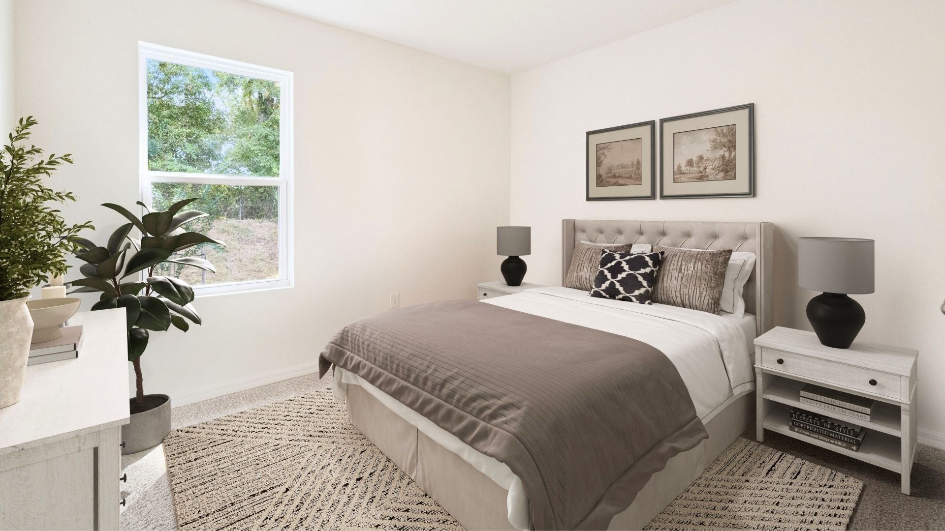 Spacious primary bedroom with king size bed, carpet flooring, natural lighting.