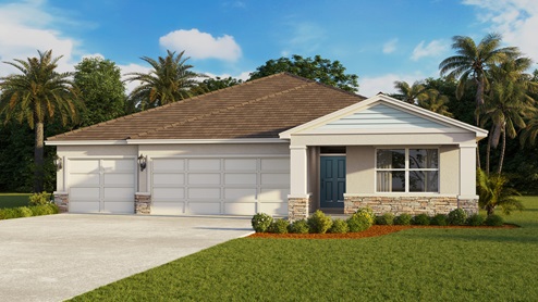 Single story new home with siding, covered porch and 3 car garage.