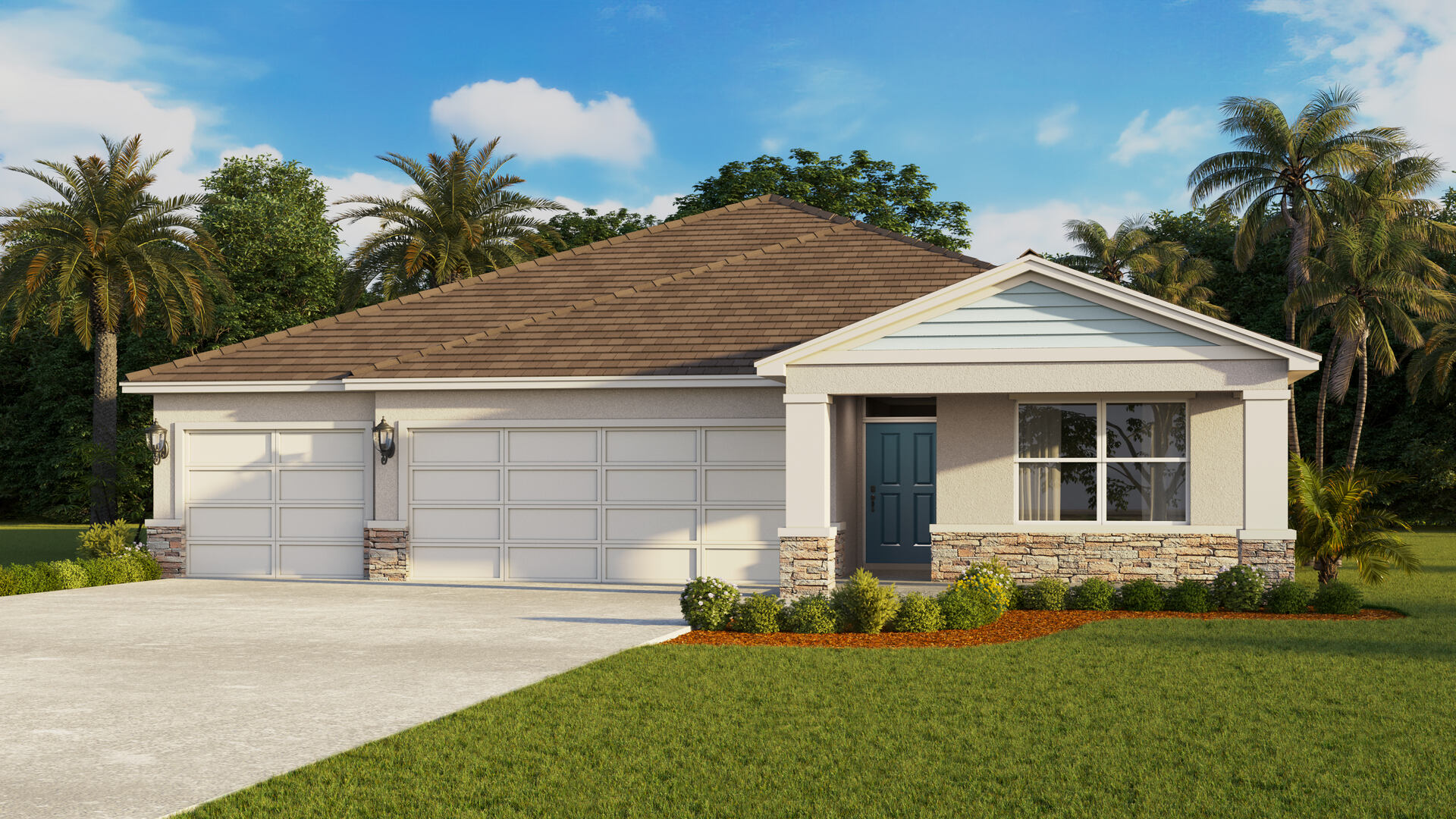 Single story new home with siding, covered porch and 3 car garage.