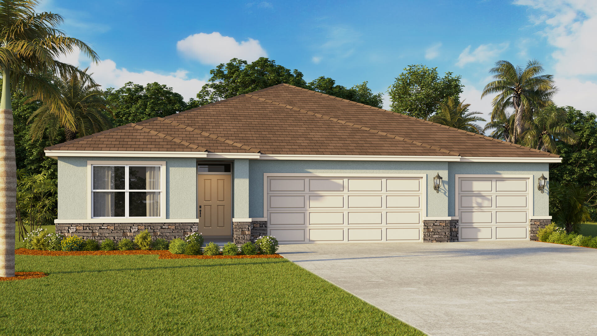 Single story new home with siding, covered porch and 3 car garage.