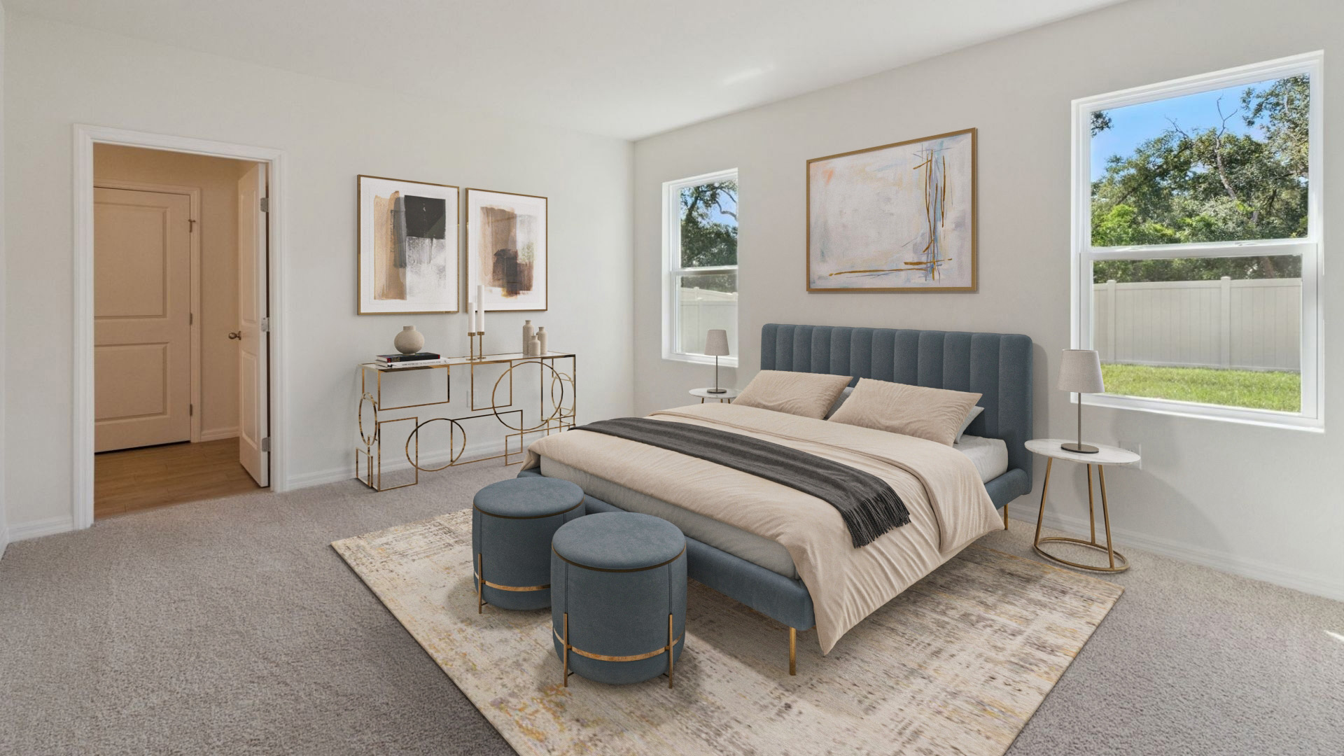 Guest bedroom with bed, nighstands and natural lighting.